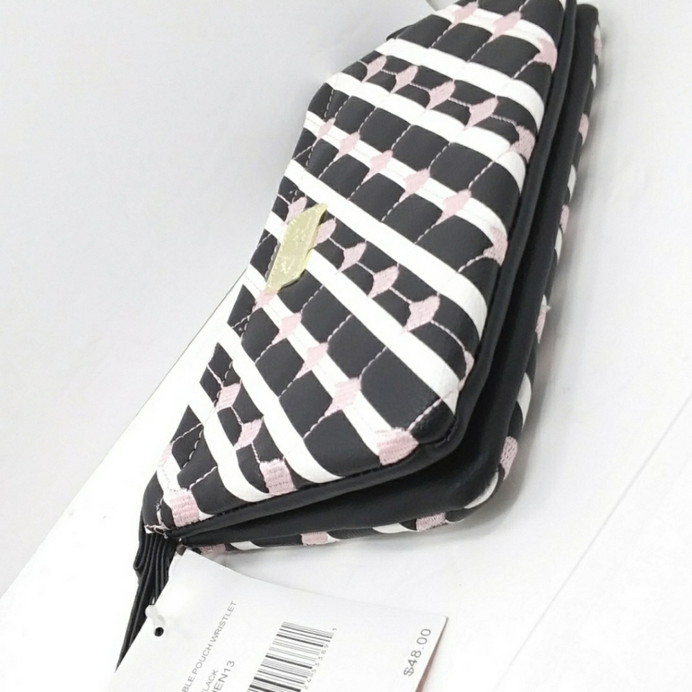 Betsey Johnson Double Pouch Wristlet Wallet Cats Black White Stripes New w/ Tags - Picture 7 of 16